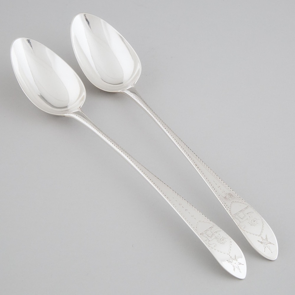 Pair of George III Irish Silver Bright-Cut Serving Spoons, John Pittar, Dublin, 1789, length 12 in —