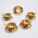 Four Aynsley 'Orchard Gold' Cups and Five Saucers, D. Jones and N. Brunt, 20th century, saucer diame