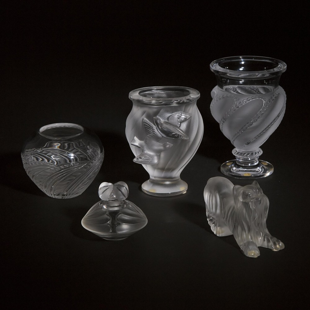 Group of Lalique Moulded and Frosted Glass Articles, 20th century, largest vase height 5.7 in — 14.5