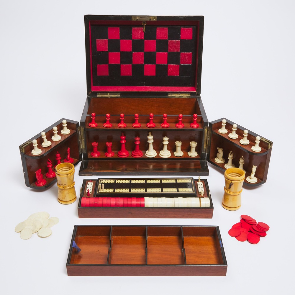 English Ebony Strung Burl Walnut Games Compendium, early 20th century, 7 x 13 x 8.75 in — 17.8 x 33