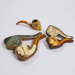 Three Meerschaum Character Pipes, 19th century, longest case length 7.5 in — 19.1 cm