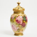 Royal Worcester Large 'Hadley' Roses Pot-Pourri Vase and Cover, Walter Sedgley, early 20th century,