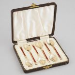 Set of Six English Silver-Gilt and Enamel Coffee Spoons, Turner & Simpson, Birmingham, 1928, length