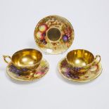 Two Aynsley 'Orchard Gold' Cups and Three Saucers, D. Jones and N. Brunt, 20th century, largest sauc
