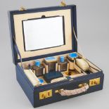 French Translucent Blue Guilloché and White Enameled Silver and Glass Traveling Toilet Set, Dupont,