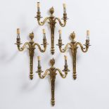 Set of Four French Gilt Bronze Two-Light Wall Sconces, early 20th century, height 15.5 in — 39.4 cm