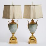 Pair of French Neoclassical Ormolu Mounted Celadon Pâte-ur-Pâte Porcelain Table Lamps, mid 20th cent