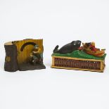 Two American Painted Cast Iron Mechanical Banks, 20h century, taller 4.9 x 7.5 in — 12.5 x 19.1 cm