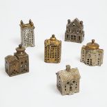 Six Building Form Cast Iron Still Banks, 19th century, tallest height 3.6 in — 9.2 cm (6 Pieces)