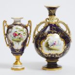 Two Coalport or Royal Worcester Exotic Bird Painted Two-Handled Cabinet Vases, c.1900 and 1896, heig