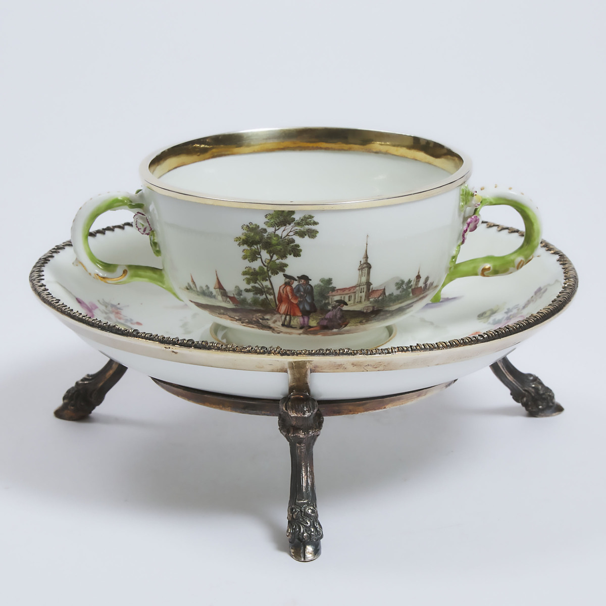 Meissen Silver Mounted Ecuelle and Stand, c.1750, stand diameter 7.1 in — 18 cm; overall height 4 in