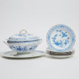 Six Royal Crown Derby 'Chandos' Pattern Soup Plates and Covered Soup Tureen on Stand, 20th century,