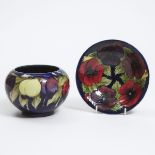 Moorcroft Wisteria Vase and Small Pansy Bowl, c.1925, vase height 4 in — 10.2 cm; bowl diameter 6.9