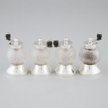 Four Victorian Silver and Cut Glass Pepper Mills, Hukin & Heath, London, 1890, height 3.7 in — 9.3 c