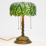 American Patinated Bronze and Leaded Mosaic Slag Glass Tree Form Table Lamp, early 20th century, hei