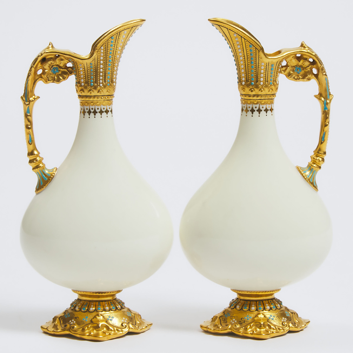 Pair of Royal Crown Derby 'Jeweled' Cabinet Ewers, 1937, height 6 in — 15.3 cm (2 Pieces)