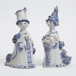Bjorn Wiinbald 'Aunt Ella with Flowers' and 'Aunt Ella with Book' Blue and White Figures, Denmark, c