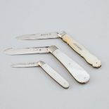 Three Victorian and Later English Silver and Mother-of-Pearl Pocket Knives, Sheffield, 1858, 1901 an