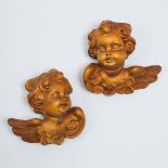 Pair of Italian Baroque Style Carved Walnut Winged Cherubic Heads, mid 20th century, each 5 x 5 in —