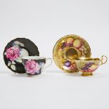 Aynsley 'Orchard Gold' Cup and Saucer, and Paragon 'Cabbage Rose' Cup and Saucer, 20th century, larg