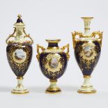 Three Coalport Topographical Two-Handled Vases, early 20th century, height 8.5 in — 21.7 cm; height