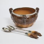 Silver-Mounted Doulton Lambeth Stoneware Three-Handled Salad Bowl with Servers, c.1879, height 5.7 i