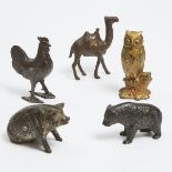 Five Animal Form Painted Cast Iron Still Banks, 19th century, tallest height 4.75 in — 12.1 cm (5 Pi