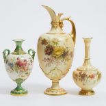 Royal Worcester Ewer and Two Vases, c.1894/1905, ewer height 13.5 in — 34.3 cm; vases approx. height