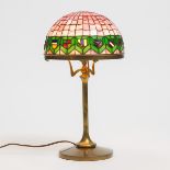 American Gilt Brass Table Lamp with Heraldic Leaded Mosaic Slag Glass Shade, early 20th century, hei