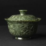 A Spinach Jade Mughal-Style 'Floral' Bowl and Cover, 20th Century, 二十世纪 痕都斯坦式碧玉盖碗, height 4.7 in — 1