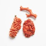 Three Carved Coral Brooches, 19th Century, 晚清 珊瑚雕胸针一组三件, largest length 2.7 in — 6.8 cm (3 Pieces)
