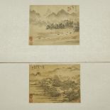 Xie Lifu (1760-1831), Two Landscape Paintings, 谢里甫 (1760-1831) 风景人物 设色纸本 镜心 一组两张, image 9.4 x 7.9 in