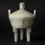 A White Jade Tripod Censer and Cover, Qianlong Period, 18th Century, 清 乾隆 白玉雕饕餮纹三足炉, 6.2 x 4.4 in —