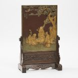 A Finely Carved Qiyang Stone Table Screen, Qing Dynasty, Dated 1823, 清中期 祁阳石雕'福禄寿'三星桌屏 作于1823年, heig