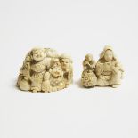 An Ivory Netsuke of a Lady and a Monkey, Signed Yoshiyuki, and the Seven Lucky Gods, Signed Kogyoku,