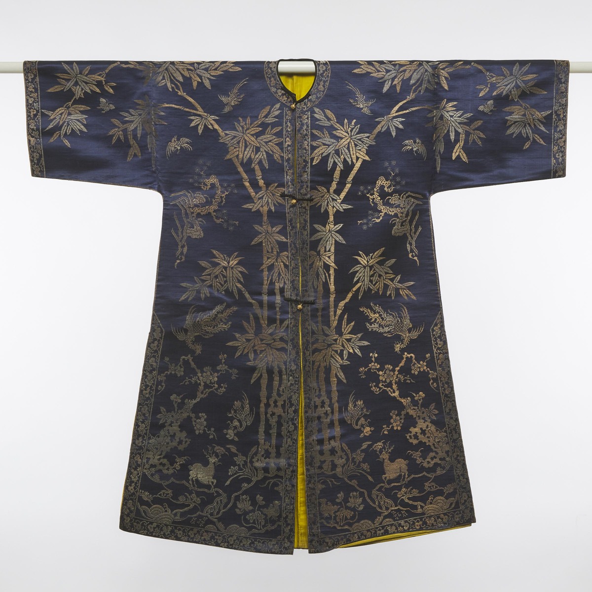 A Blue-Ground Gold Thread Embroidered 'Crane and Deer' Robe, 19th/20th Century, 晚清 蓝地织锦'鹤鹿同春'袍, heig