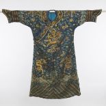 A Rare Gold Thread Embroidered Gauze 'Dragon' Robe, Ji Fu, Early 19th Century, 清 十九世纪早期 罕见蓝地盘金纳纱九龙纹吉