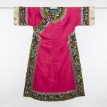 A Pink-Ground Silk Embroidered 'Butterflies and Flowers' Lady's Robe, 19th Century, 清 十九世纪 粉地蝶恋花纹织锦女