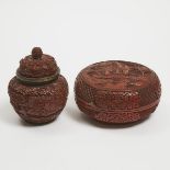 A Red Lacquer Carved Box and Cover, Together With a Lidded Jar, 19th Century, 清 十九世纪 剔红人物山水图捧盒及盖罐一组两