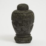 A Rare Carved Black Lacquer 'Scholar Landscape' Jar, Cover and Stand, 19th Century, 清 十九世纪 剔黑高仕图盖罐及座