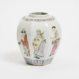 A Famille Rose Octagonal 'Eight Immortals' Jar, 19th/20th Century, 晚清/民国 粉彩'八仙'纹八棱罐, height 5.4 in —