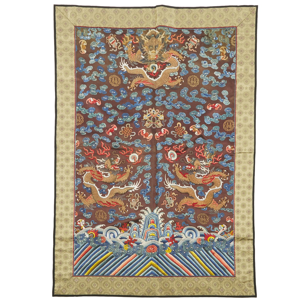 A Chestnut-Ground Embroidered Silk 'Dragon' Robe Fragment, 19th Century, 清 十九世纪 酱地龙袍片段, 47.2 x 33.5
