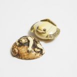 Two Ivory Netsuke of a Fat Plum Sparrow, Signed Genko, and an Ama Abalone Diver, 19th Century, longe