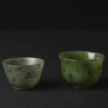 Two Spinach Jade Cups, 19th Century, 清 十九世纪 碧玉杯一组两件, largest height 1.8 in — 4.5 cm, diameter 2.4 in