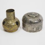 Two Islamic Silvered Metal Vessels, 19th/20th Century, 十九/二十世纪 伊斯兰錾花嵌银瓶及盖盒一组两件, largest diameter 4.4