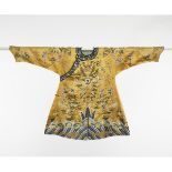 A Yellow-Ground Gold Thread Embroidered Lady's Dragon Robe, 19th Century, 清 十九世纪 黄地盘金绣龙纹女袍, 35 x 58
