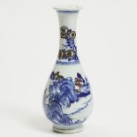 A Blue and White and Copper-Red 'Landscape' Bottle Vase, Kangxi Period (1662-1772), 清 康熙 青花釉里红山水纹胆瓶,