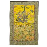 A Yellow-Ground Blue Silk Embroidered 'Dragon' Panel, Qing Dynasty, 18th Century, 清 十八世纪 黄地蓝龙'海水江崖'绣