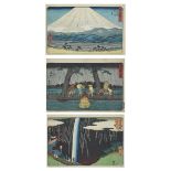 Utagawa Hiroshige (1797-1858), Three Woodblock Prints, Edo Period, 19th Century, 9.6 x 14.4 in — 24.