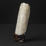 A White Jade 'Plum Blossom' Arm Rest, 18th Century, 清 十八世纪 白玉雕梅花纹臂搁, arm rest 4.7 x 2 in — 12 x 5 cm